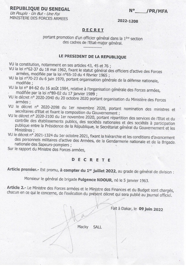 Fulgence Ndour nommé Sous-chef d’Etat-major général des Armées (Documents) Fulgence Ndour nommé Sous-chef d’Etat-major général des Armées (Documents)