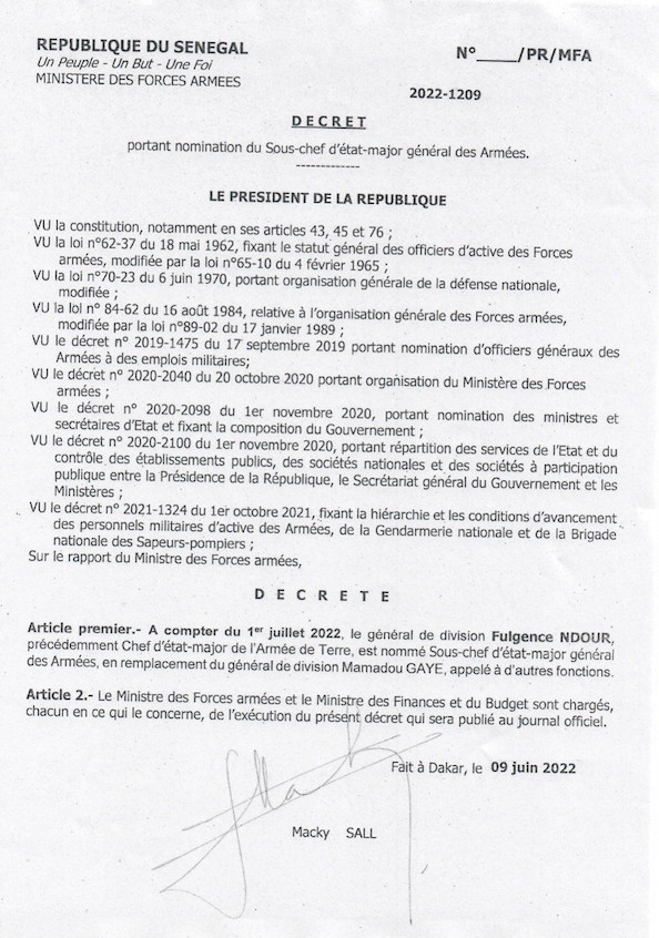 Fulgence Ndour nommé Sous-chef d’Etat-major général des Armées (Documents) Fulgence Ndour nommé Sous-chef d’Etat-major général des Armées (Documents)