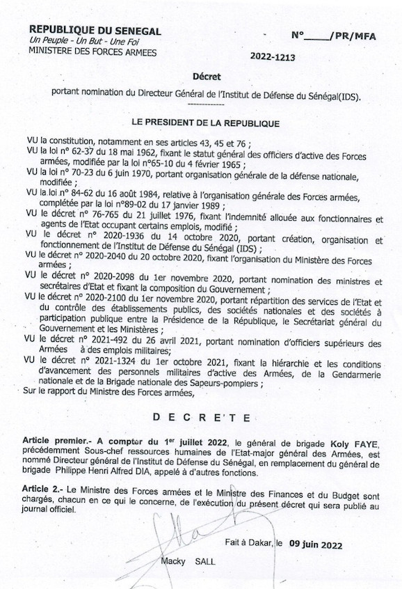 Fulgence Ndour nommé Sous-chef d’Etat-major général des Armées (Documents) Fulgence Ndour nommé Sous-chef d’Etat-major général des Armées (Documents)