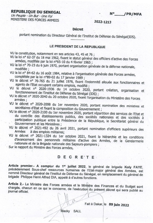 Fulgence Ndour nommé Sous-chef d’Etat-major général des Armées (Documents) Fulgence Ndour nommé Sous-chef d’Etat-major général des Armées (Documents)