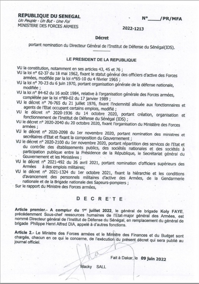 Fulgence Ndour nommé Sous-chef d’Etat-major général des Armées (Documents) Fulgence Ndour nommé Sous-chef d’Etat-major général des Armées (Documents)