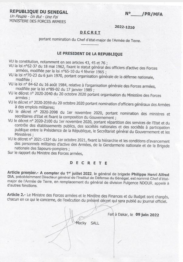 Fulgence Ndour nommé Sous-chef d’Etat-major général des Armées (Documents) Fulgence Ndour nommé Sous-chef d’Etat-major général des Armées (Documents)