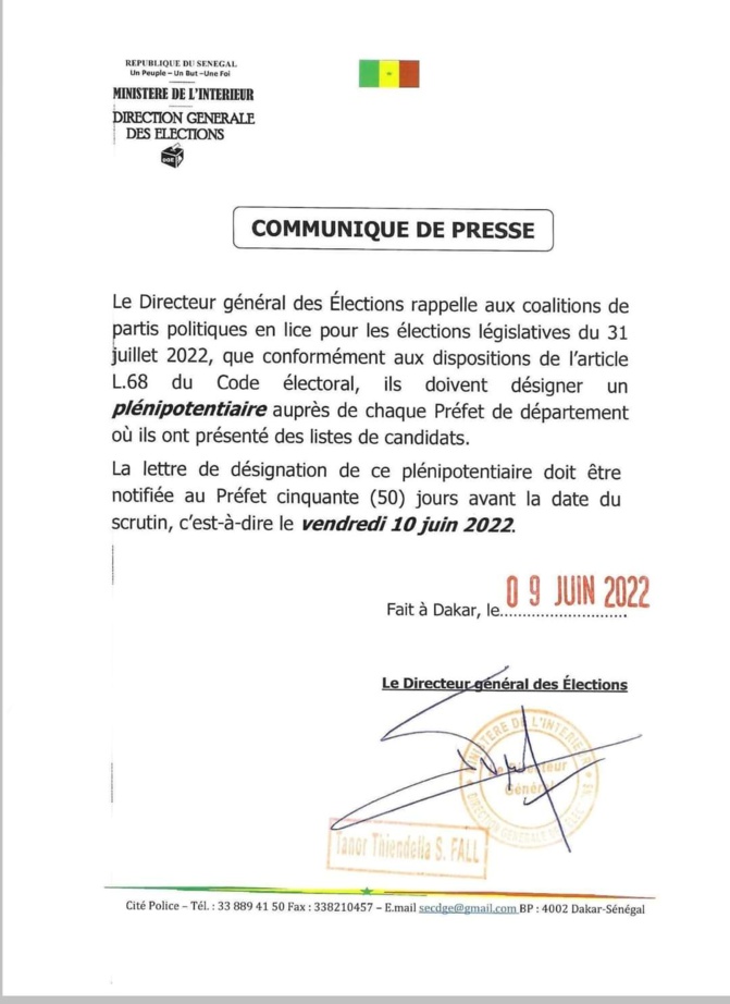 Législatives : le deadline de la désignation des plénipotentiaires rappelé par le Dge (Document) Législatives : le deadline de la désignation des plénipotentiaires rappelé par le Dge (Document)