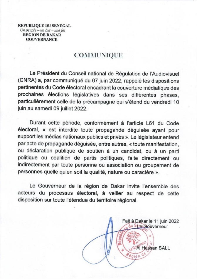 La Précampagne entamée hier et ce, jusqu’au samedi 9 juillet 2022, à minuit : Le rappel du gouverneur de Dakar aux acteurs politiques et médias
