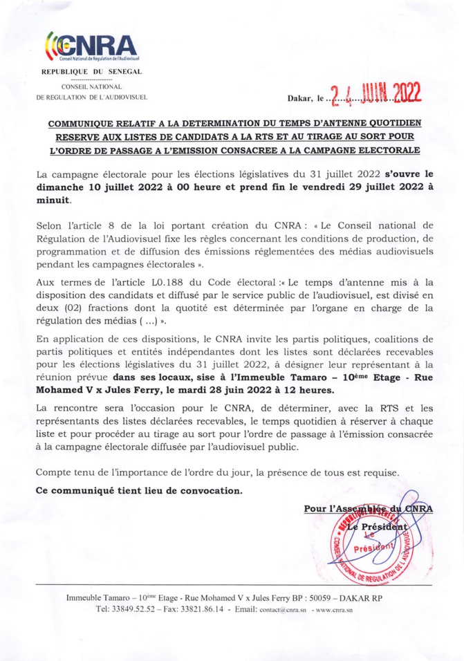 Communiqué du CNRA portant convocation des mandataires de listes candidates aux élections législatives du 31 juin 2022