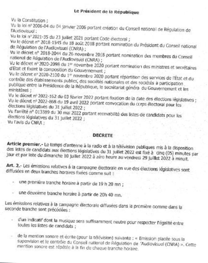 Elections législatives du 31 juillet 2022 : le Décret portant sur le temps d'antenne imparti aux candidats