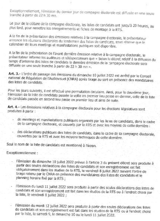 Elections législatives du 31 juillet 2022 : le Décret portant sur le temps d'antenne imparti aux candidats