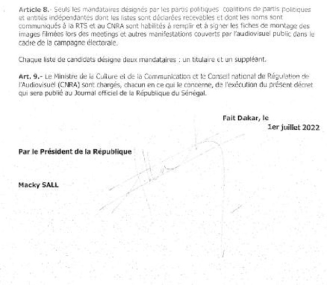 Elections législatives du 31 juillet 2022 : le Décret portant sur le temps d'antenne imparti aux candidats