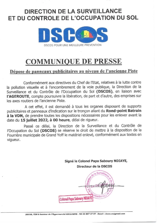 Occupation illégale - Ancienne piste et pôle urbain de Diamniadio : Un délai allant jusqu’au 15 juillet, accordé par la DSCOS aux propriétaires de panneaux