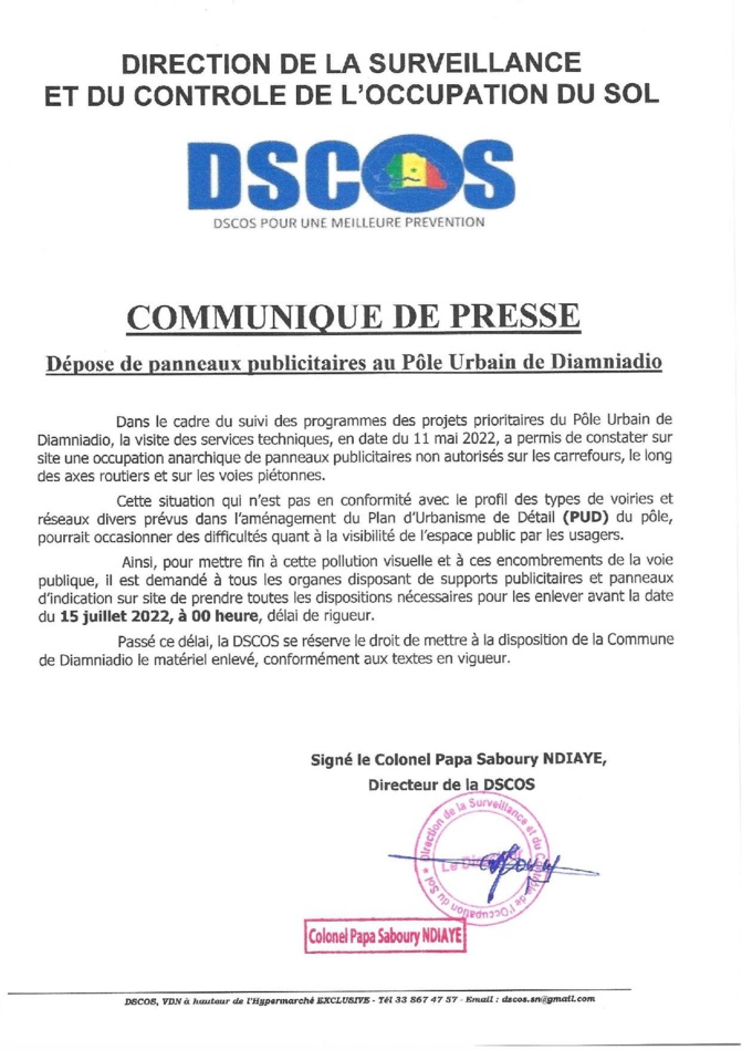 Occupation illégale - Ancienne piste et pôle urbain de Diamniadio : Un délai allant jusqu’au 15 juillet, accordé par la DSCOS aux propriétaires de panneaux