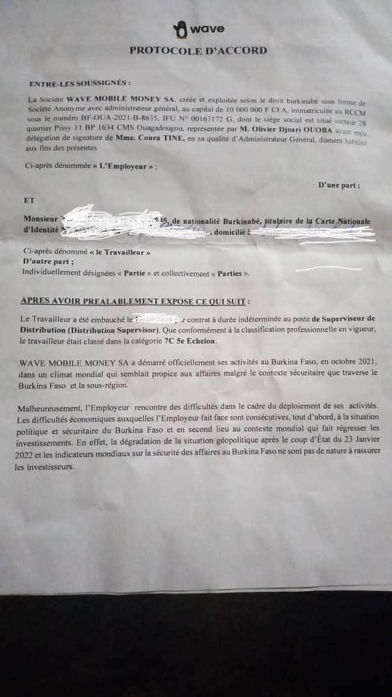 Wave Burkina: Protocole d'accord et accompagnement de 3 mois de salaire et quelques avantages aux licenciés