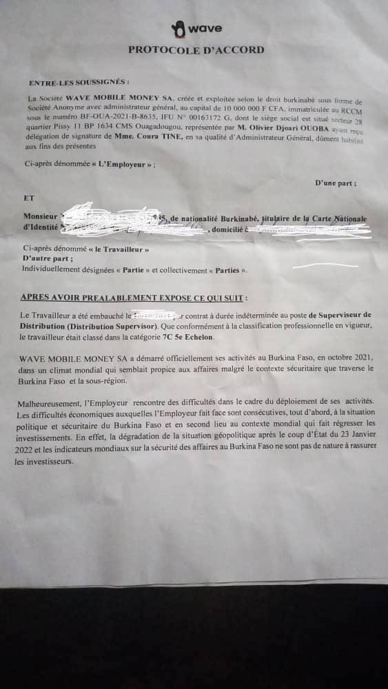  Wave Burkina: Protocole d'accord et accompagnement de 3 mois de salaire et quelques avantages aux licenciés 