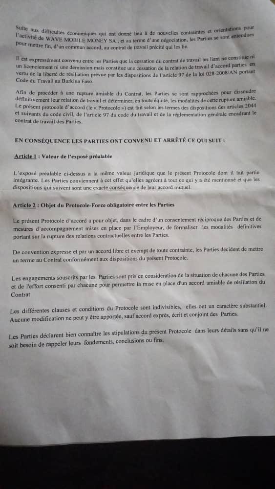  Wave Burkina: Protocole d'accord et accompagnement de 3 mois de salaire et quelques avantages aux licenciés 