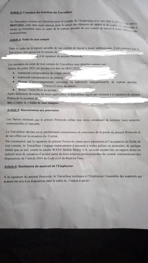  Wave Burkina: Protocole d'accord et accompagnement de 3 mois de salaire et quelques avantages aux licenciés 