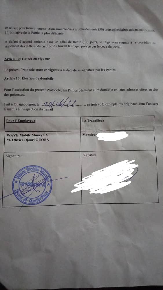Wave Burkina: Protocole d'accord et accompagnement de 3 mois de salaire et quelques avantages aux licenciés