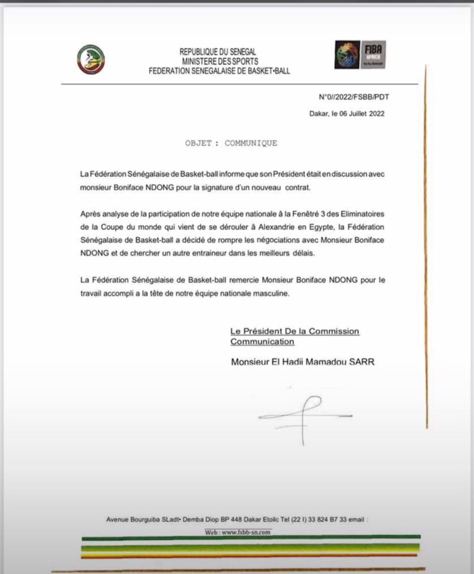 Après l’échec des Lions du Basket en Egypte: La FSBB rompt ses négociations de contrat avec Boniface Ndong Après l’échec des Lions du Basket en Egypte: La FSBB rompt ses négociations de contrat avec Boniface Ndong