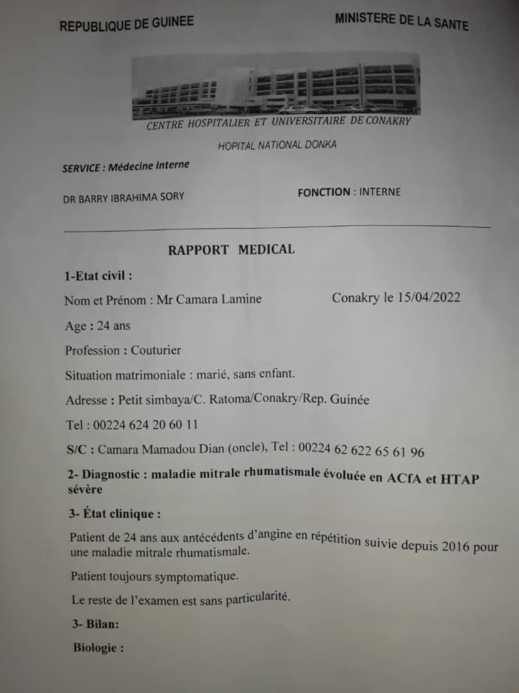 SOS / Atteint d’une maladie cardiaque grave: Lamine Camara sollicite une aide financière de près de 8 millions FCfa pour se soigner en Tunisie