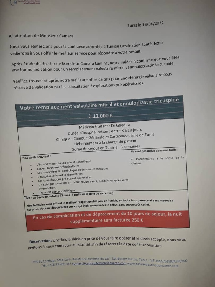 SOS / Atteint d’une maladie cardiaque grave: Lamine Camara sollicite une aide financière de près de 8 millions FCfa pour se soigner en Tunisie