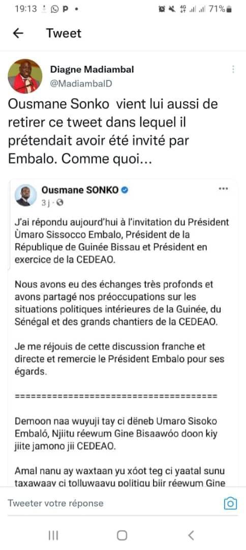 Audience : Umaro Sissoco Embalo confirme avoir reçu Ousmane Sonko sur demande de ce dernier. Audience : Umaro Sissoco Embalo confirme avoir reçu Ousmane Sonko sur demande de ce dernier.