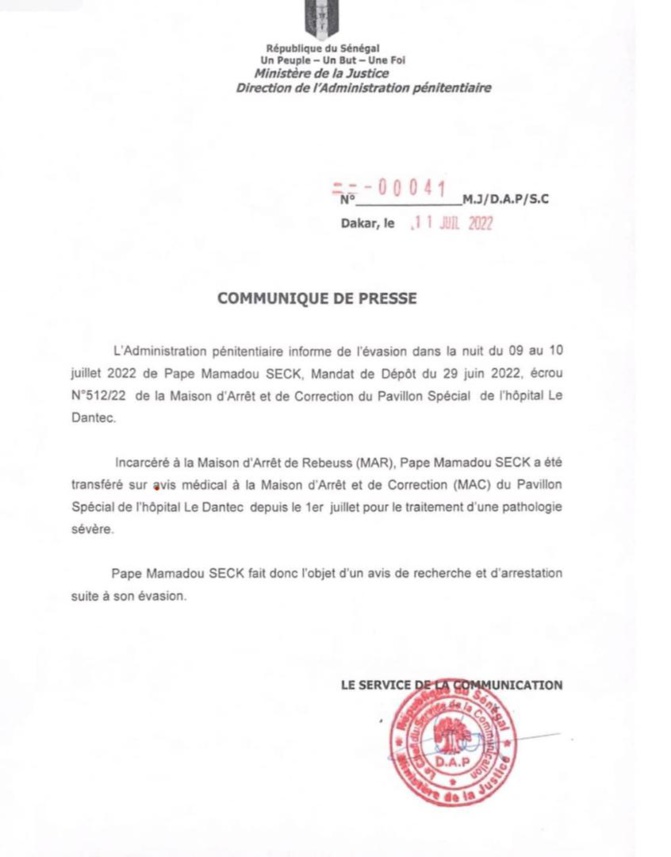 Détenu depuis le 29 juin dernier, Pape Mamadou Seck Pastef s'est envoyé du Pavillon Spécial Le Dantec