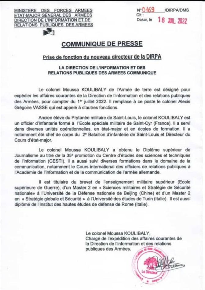 Le colonel Moussa Coulibaly, nouveau patron de la Dirpa Le colonel Moussa Coulibaly, nouveau patron de la Dirpa