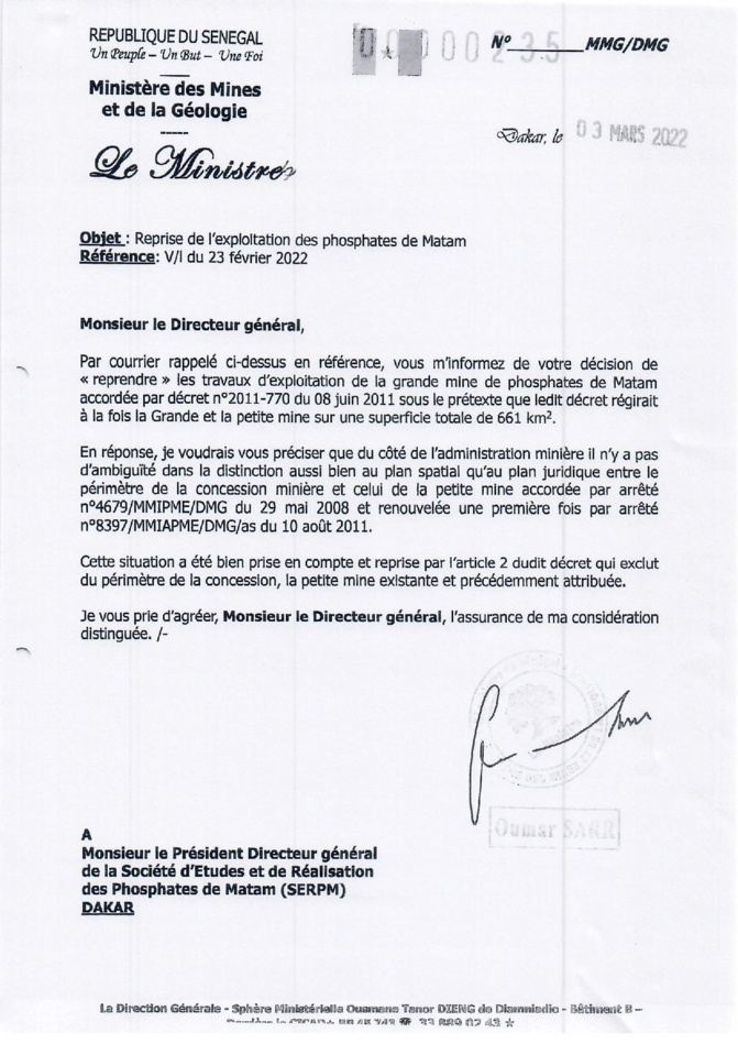 Phosphates de Matam : le Ministère des Mines et de la Géologie apporte des précisions sur... Phosphates de Matam : le Ministère des Mines et de la Géologie apporte des précisions sur...
