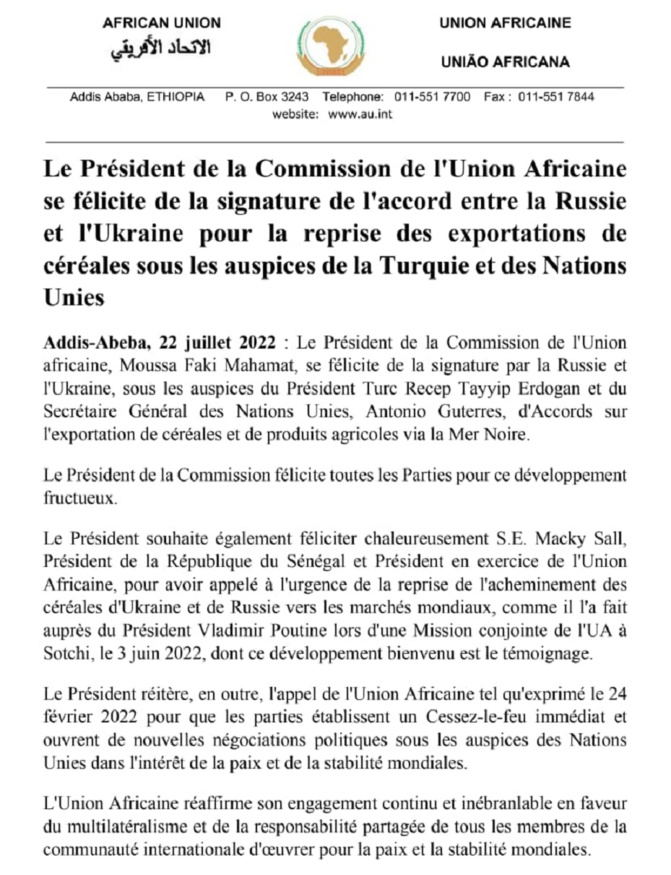 Céréales, vers un ouf de soulagement : l’UA magnifie la signature de convention entre la Russie et l’Ukraine grâce à Erdogan et l’ONU Céréales, vers un ouf de soulagement : l’UA magnifie la signature de convention entre la Russie et l’Ukraine grâce à Erdogan et l’ONU