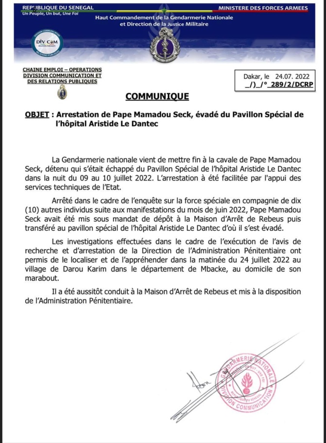 La Gendarmerie arrête Pape Mamadou Seck chez son marabout et le ramène à Rebeuss (Document)
