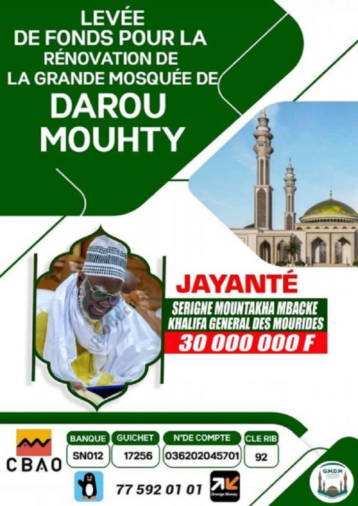 Darou Mouhty : Serigne Mountakha Mbacké décaisse 30 millions FCfa pour la rénovation de la Grande Mosquée