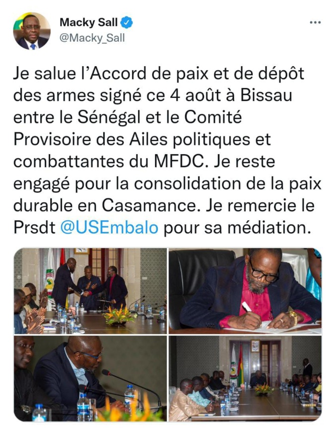 Sénégal / Ailes politiques et combattantes du MFDC: Accord de paix et dépôt des armes ce 04 Août à Bissau
