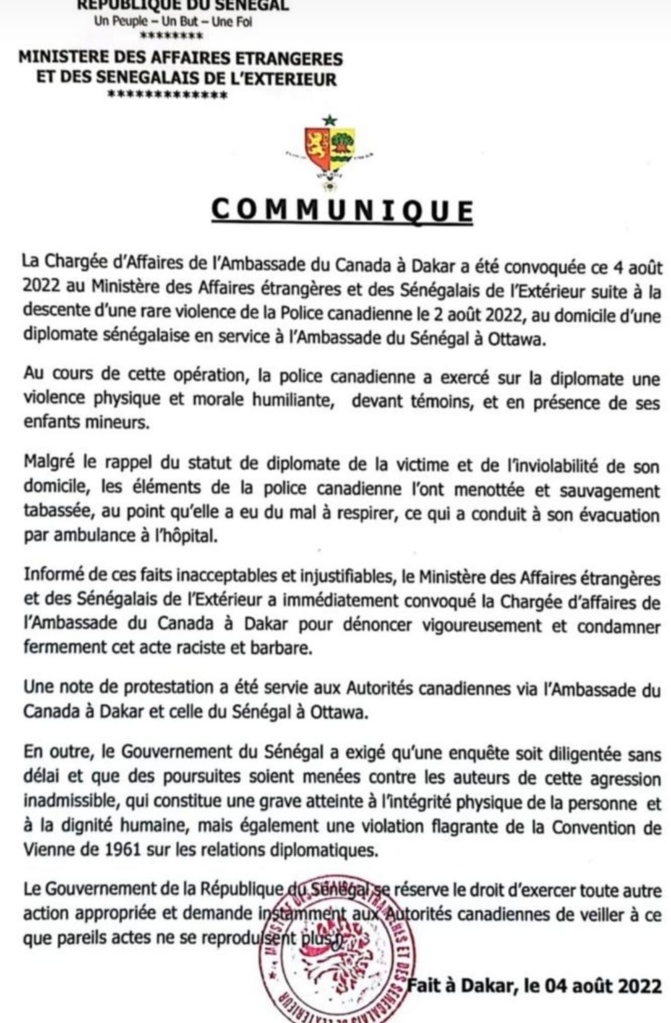 Descente de la police canadienne à son domicile : Une diplomate sénégalaise "menottée et sauvagement tabassée"