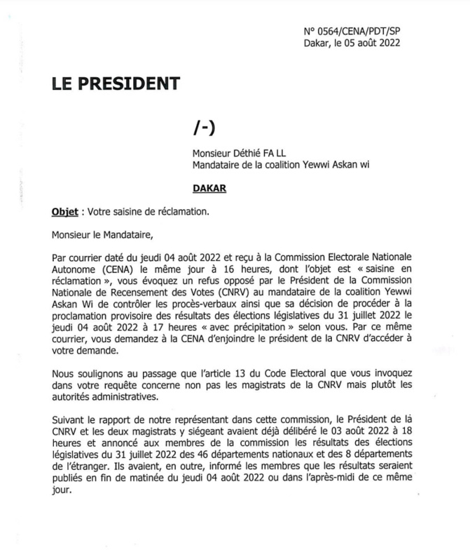 Législatives / Saisine en réclamation: La CENA répond au mandataire de YAW (Document)