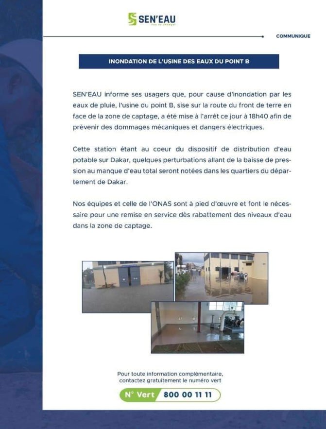 L'usine du Point B inondée: La SEN'EAU avertit quant à des perturbations dans le département de Dakar L'usine du Point B inondée: La SEN'EAU avertit quant à des perturbations dans le département de Dakar