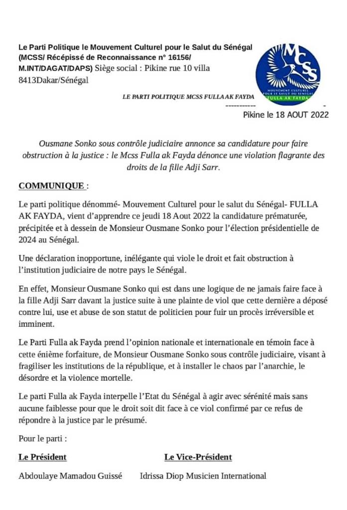 Candidature de Sonko pour 2024: Le MCSS/Fulla ak Fayda dénonce une violation flagrante des droits de Adfji Sarr