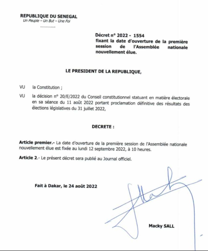 Assemblée nationale / Décret présidentiel : La nouvelle législature installée ce 12 septembre 2022 (Document) Assemblée nationale / Décret présidentiel : La nouvelle législature installée ce 12 septembre 2022 (Document)