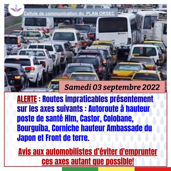 Samedi 03 septembre 2022: Ces routes impraticables et axes à éviter pour les automobilistes Samedi 03 septembre 2022: Ces routes impraticables et axes à éviter pour les automobilistes