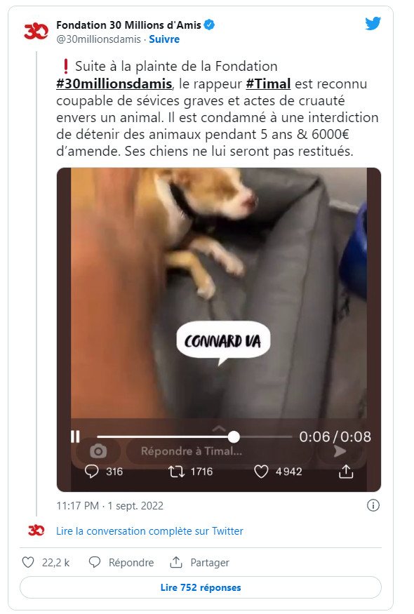 Le rappeur Timal condamné à 6 000 euros d'amende pour avoir frappé son chien Le rappeur Timal condamné à 6 000 euros d'amende pour avoir frappé son chien