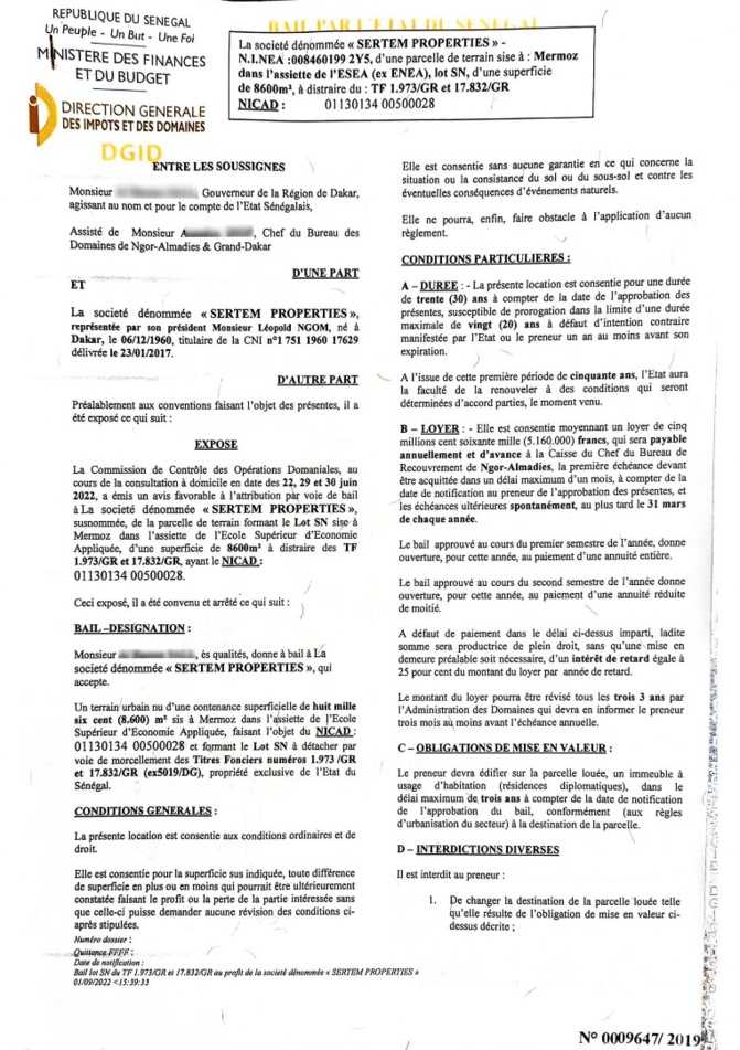 Foncier / Sertem de Léopold Ngom: Le terrain de 8000 m2 sera retiré du circuit ( Annulé), ( document)