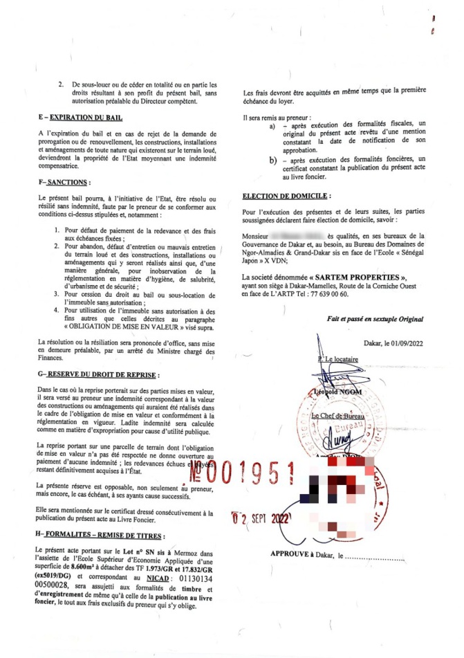 Foncier / Sertem de Léopold Ngom: Le terrain de 8000 m2 sera retiré du circuit ( Annulé), ( document)