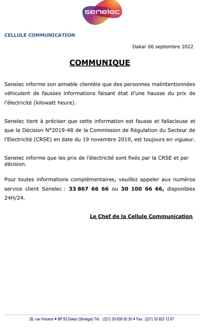 Hausse du prix de l'électricité: La SENELEC apporte des précisions (document)