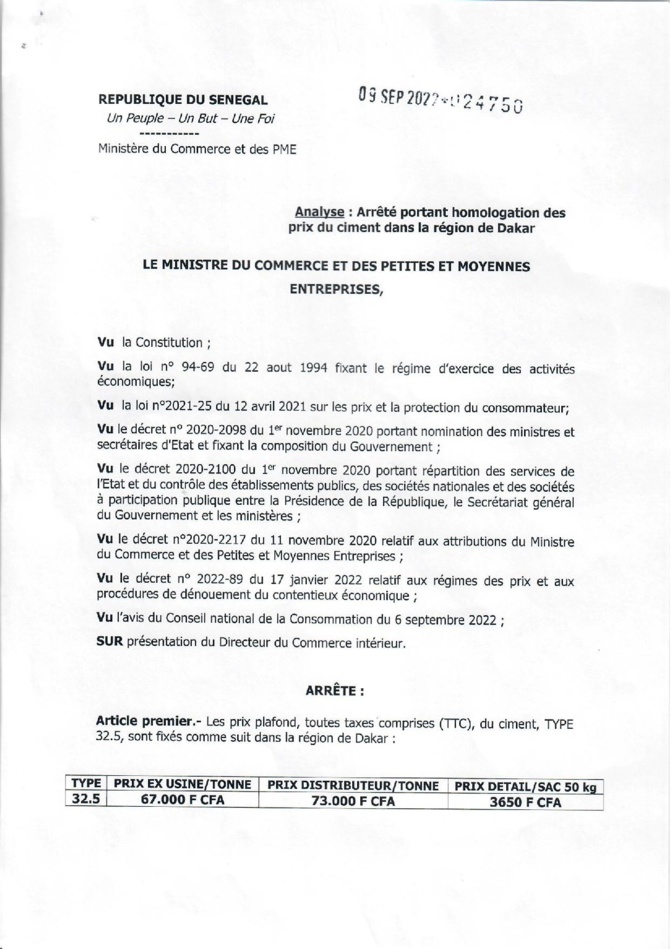 Nouveaux prix du ciment validés le 9 septembre : A Dakar, le tarif fixé et les concertations entamées dans les régions Nouveaux prix du ciment validés le 9 septembre : A Dakar, le tarif fixé et les concertations entamées dans les régions