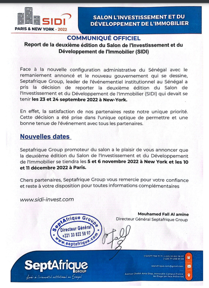 Report de la deuxième édition du Salon de l'Investissement et du Développement de l'Immobilier (SIDI) Report de la deuxième édition du Salon de l'Investissement et du Développement de l'Immobilier (SIDI)