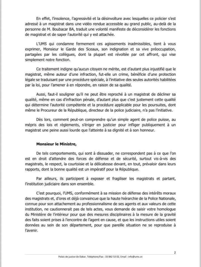 Incident entre un magistrat et un policier: L'UMS descend l'agent et interpelle Me Malick Sall (Document)
