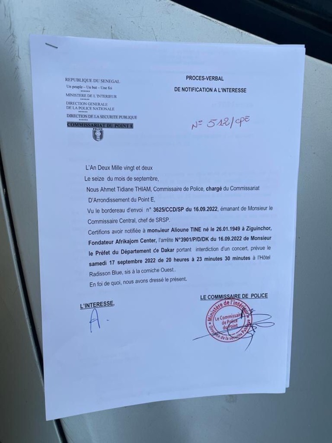 Contre le 3e mandat: Le Commissaire de Police de Point E interdit le concert d’Alioune Tine