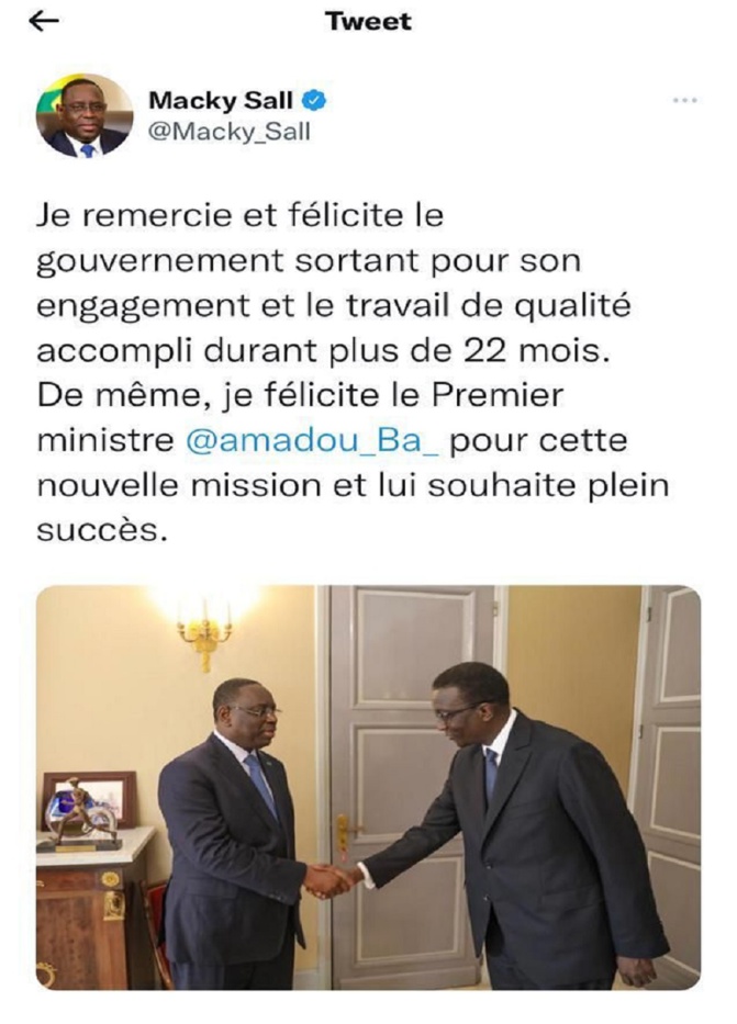 Amadou Bâ, nouveau Premier ministre : Les félicitations du Président Macky Sall