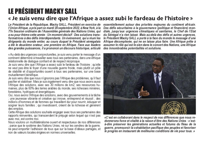 77ème AG des Nations Unies Le plaidoyer continental du Président Macky Sall