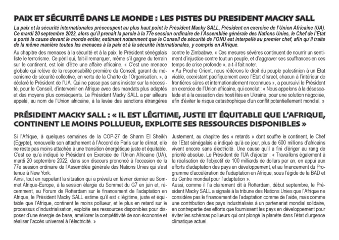 77ème AG des Nations Unies : Le plaidoyer continental du Président Macky Sall