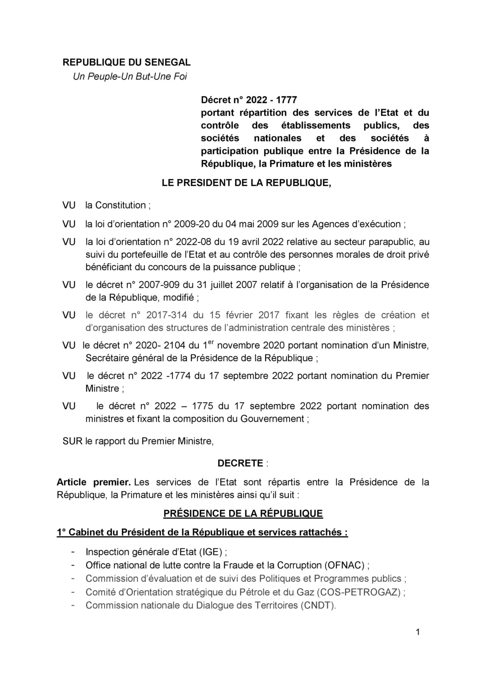 Décret n° 2022 - 1777 portant répartition des services de l’Etat et du contrôle des établissements publics, des sociétés nationales et des sociétés à participation publique entre la Présidence de la République, la Primature et les ministères