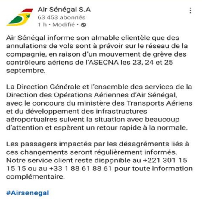 Grève de trois jours des contrôleurs aériens de l’Asecna : Air Sénégal prévoit l'annulation des vols