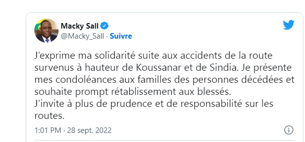 Série d’accidents mortels: Macky Sall appelle à «plus de prudence et de responsabilité sur les routes» Série d’accidents mortels: Macky Sall appelle à «plus de prudence et de responsabilité sur les routes»